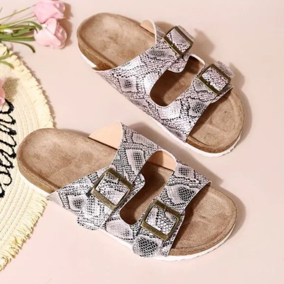 MODA DOLLZ Snakeskin print double buckle sandals - Picture 3 of 5